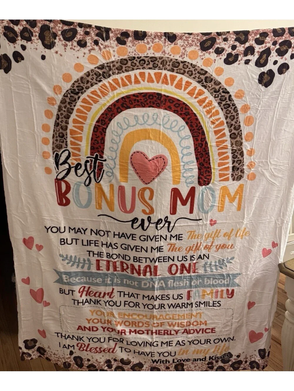 Best Bonus Mom Ever Rainbow Animal Print Heart Throw Blanket Multicolor Family